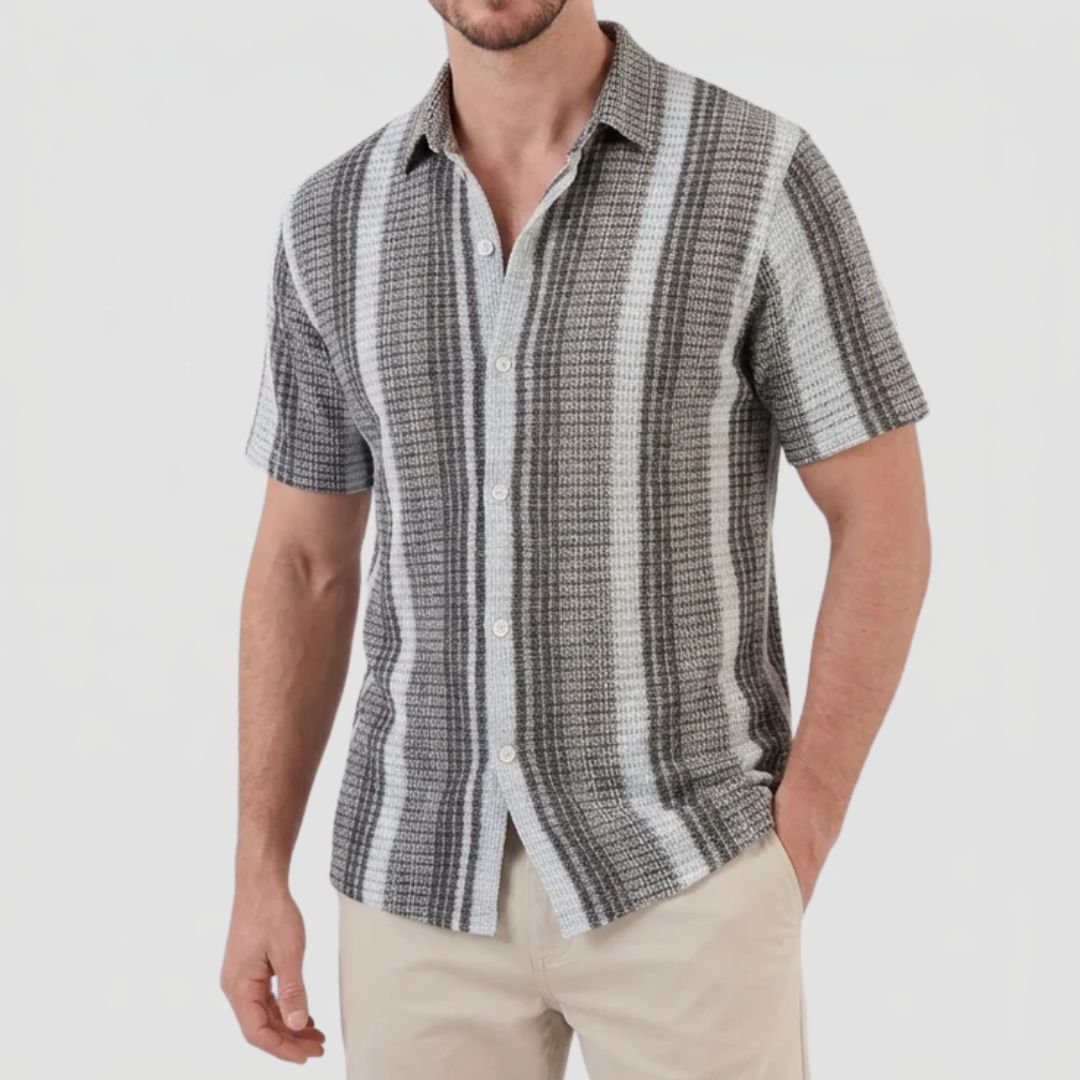 Men's Striped Short Sleeve Textured Shirt with Camp Collar