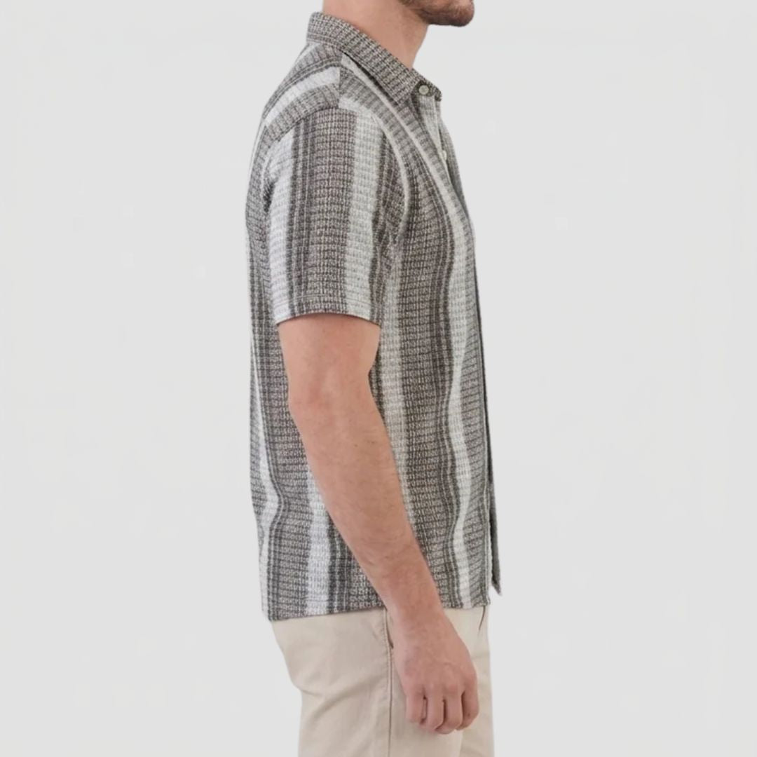 Men's Striped Short Sleeve Textured Shirt with Camp Collar