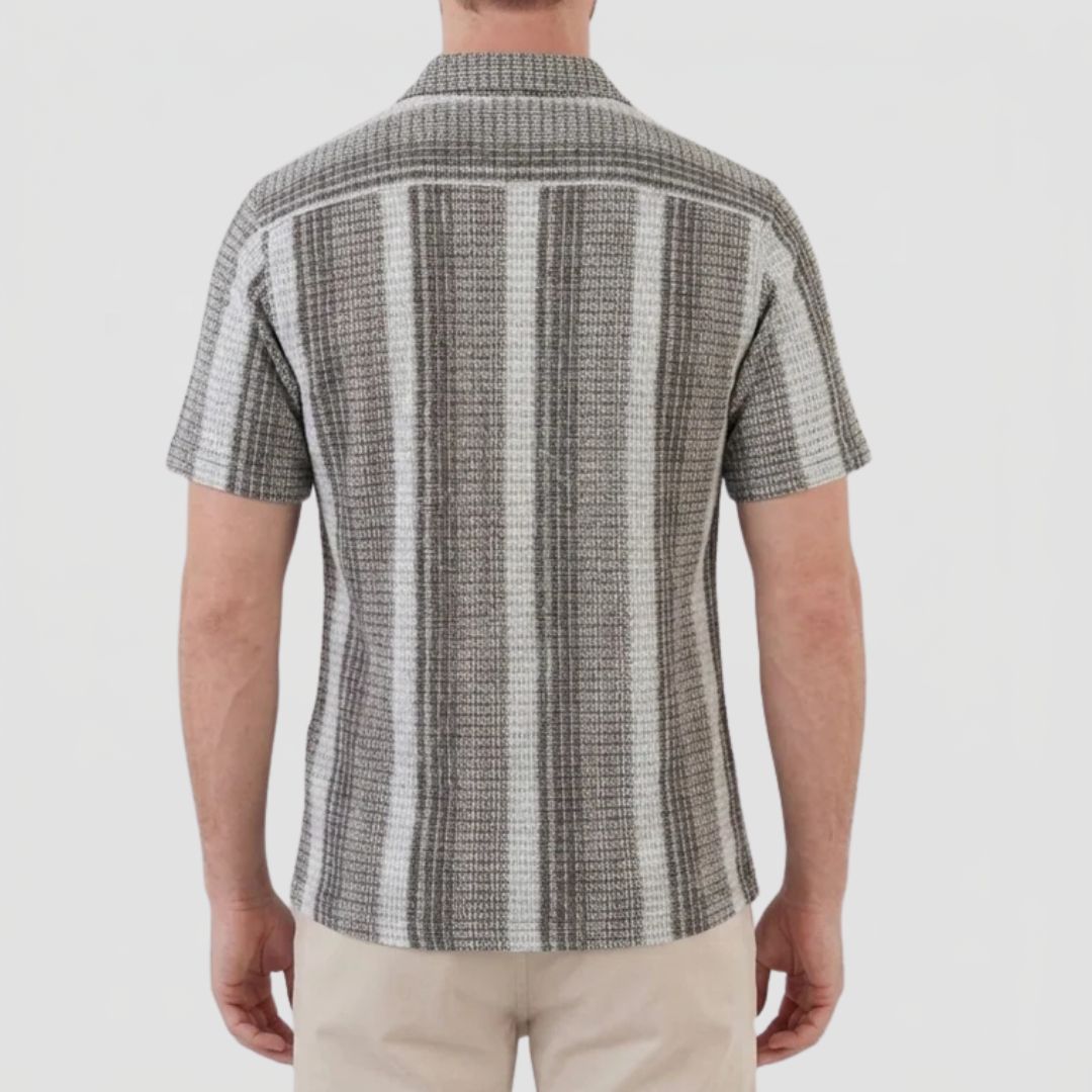 Men's Striped Short Sleeve Textured Shirt with Camp Collar