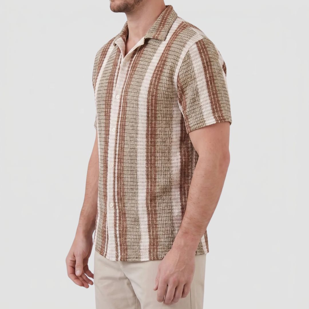 Men's Striped Short Sleeve Textured Shirt with Camp Collar