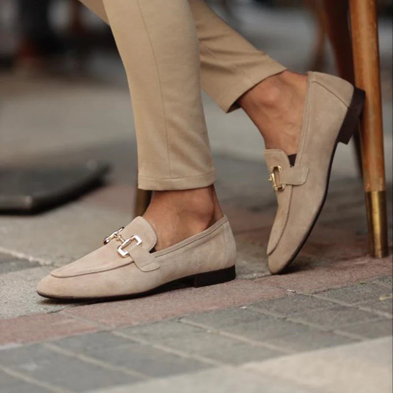 Men's Suede Slip-On Loafers with Metal Bar Detail