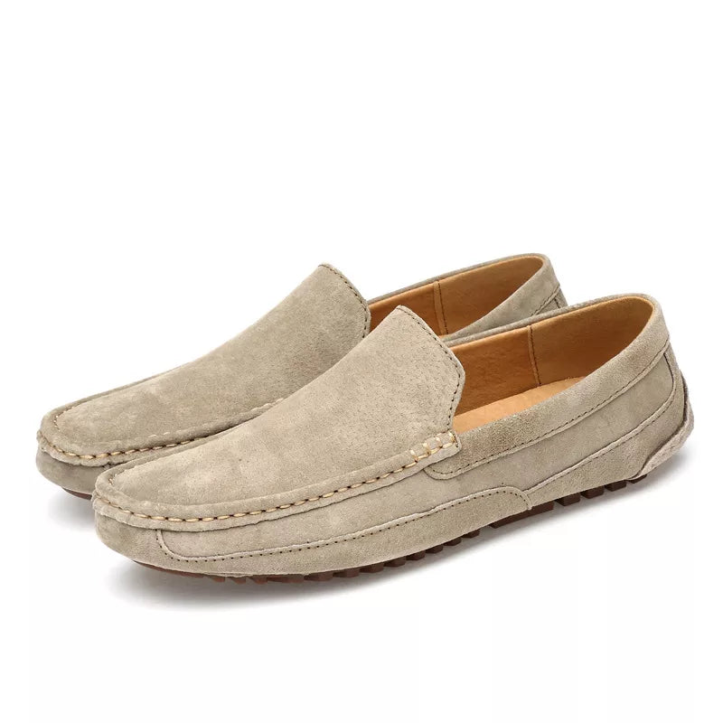 Men's Suede Slip-On Loafers with Stitched Detail and Round Toe
