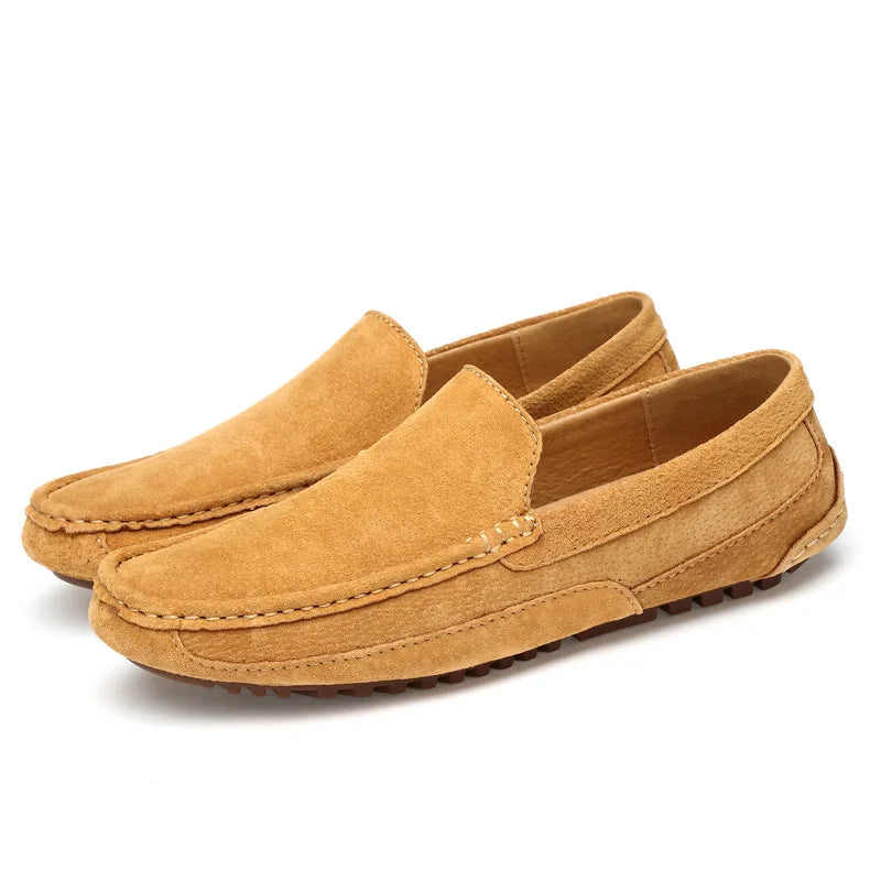 Men's Suede Slip-On Loafers with Stitched Detail and Round Toe