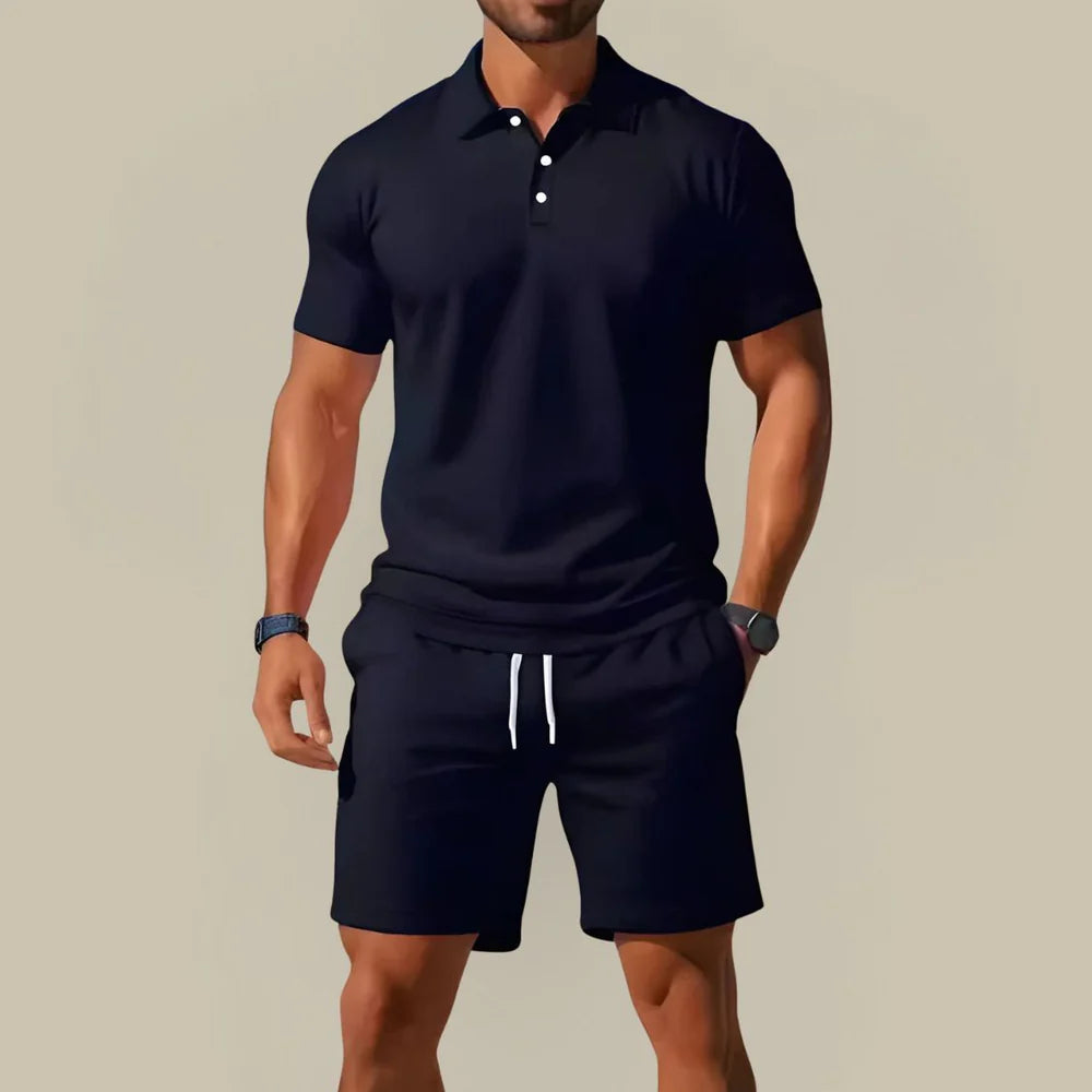 Men's Summer Two Piece Set with Polo Shirt and Drawstring Shorts