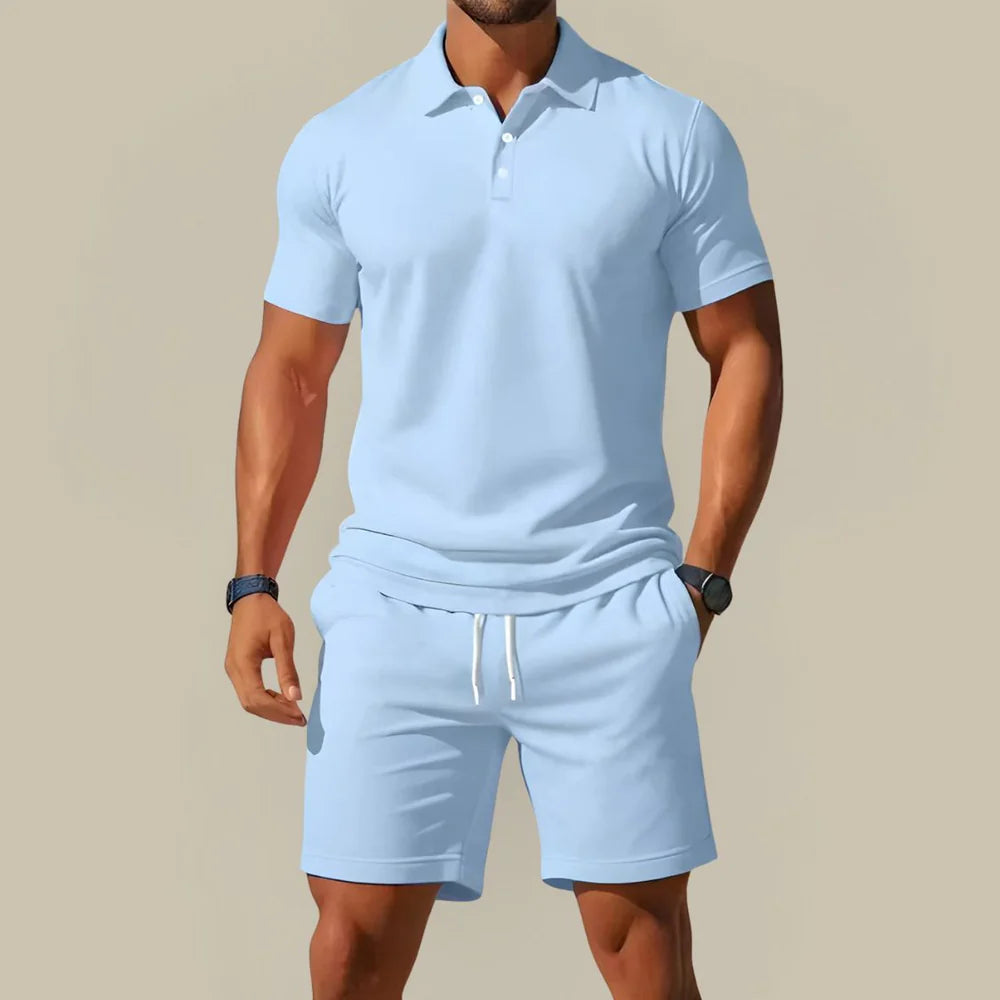Men's Summer Two Piece Set with Polo Shirt and Drawstring Shorts