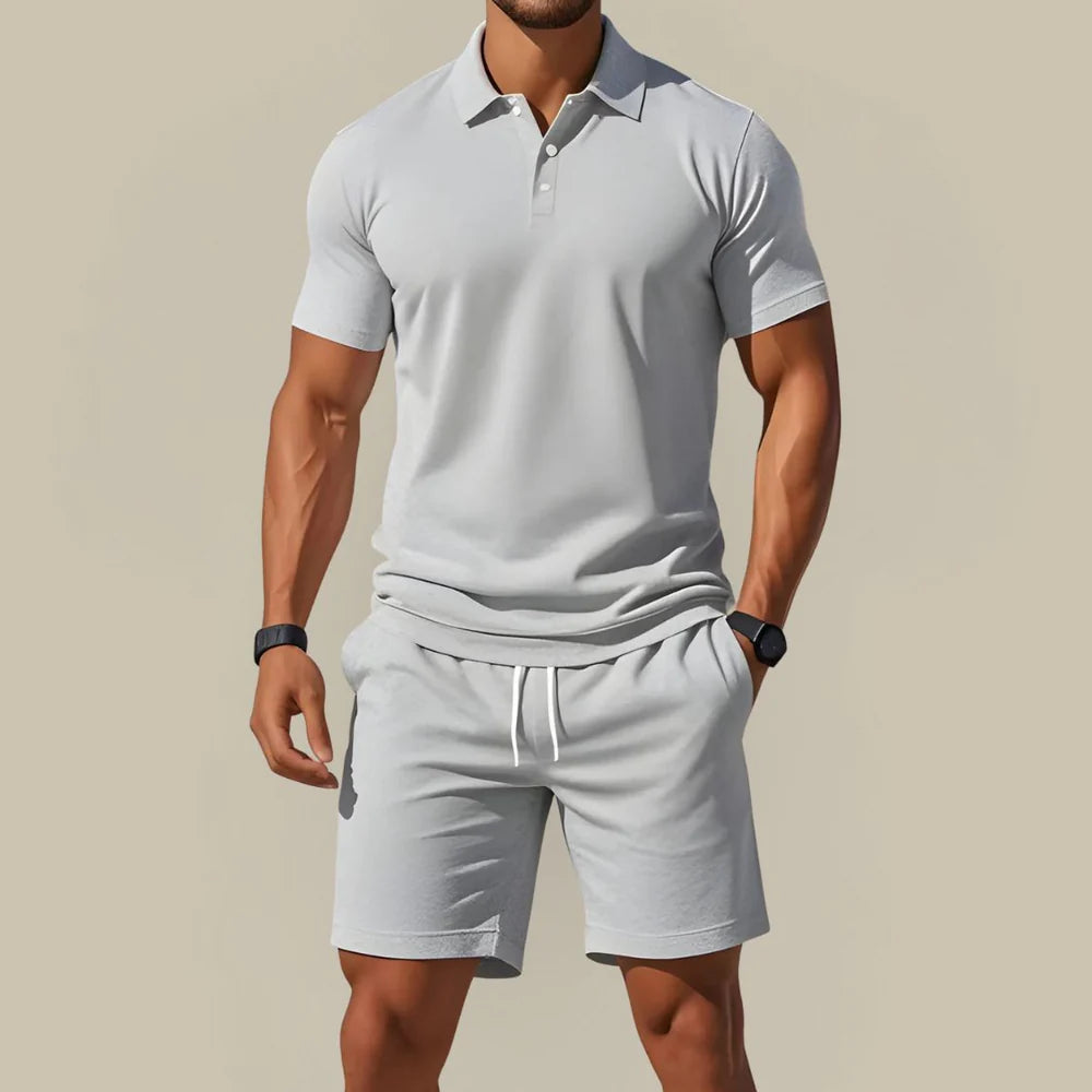 Men's Summer Two Piece Set with Polo Shirt and Drawstring Shorts