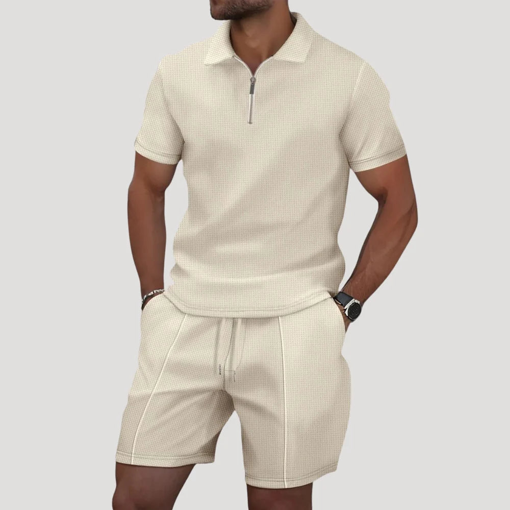 Men's Summer Two Piece Set with Polo Shirt and Shorts in Waffle Pattern