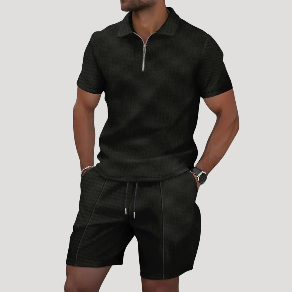 Men's Summer Two Piece Set with Polo Shirt and Shorts in Waffle Pattern