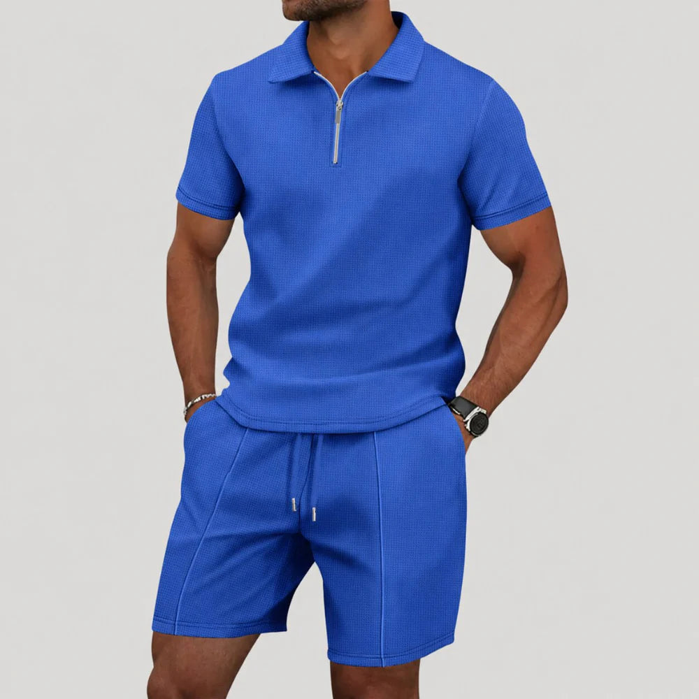 Men's Summer Two Piece Set with Polo Shirt and Shorts in Waffle Pattern