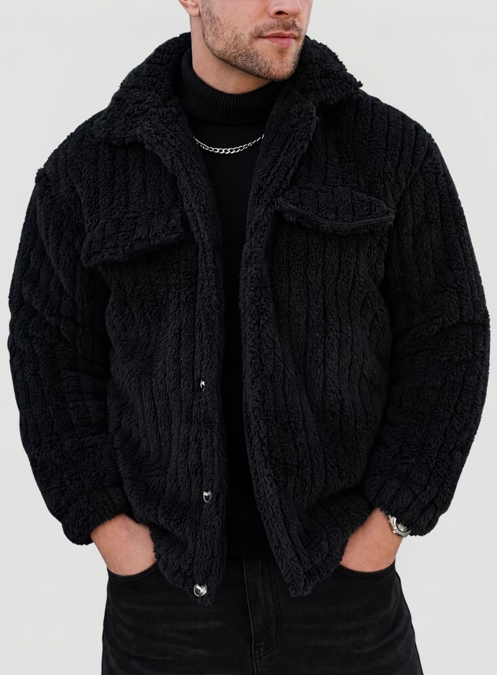 Men's Teddy Fleece Winter Jacket with Button Closure and Collar