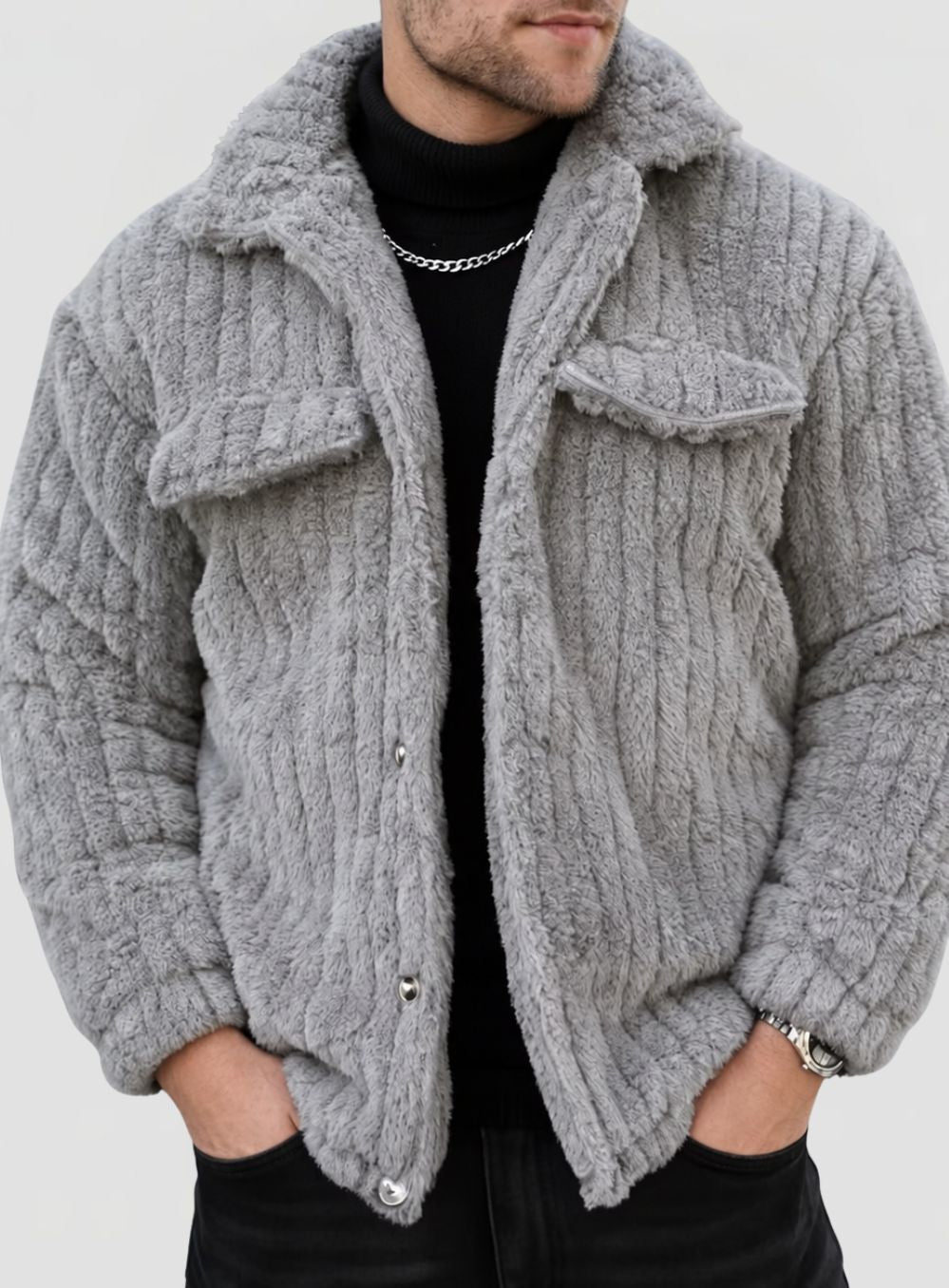 Men's Teddy Fleece Winter Jacket with Button Closure and Collar