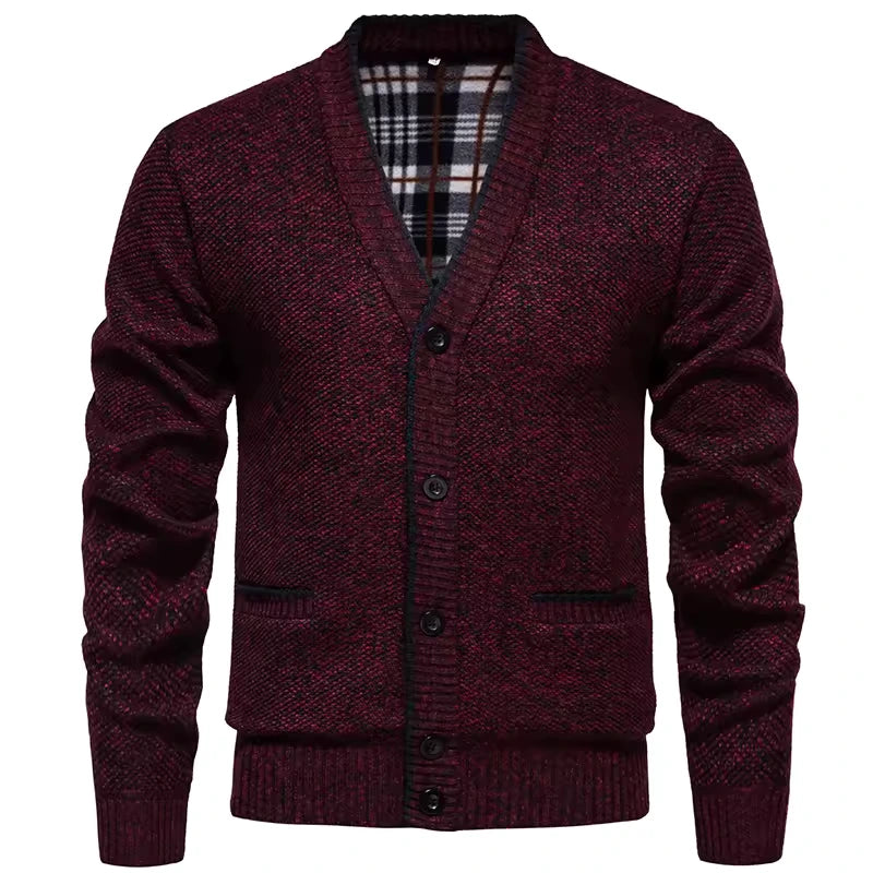 Men's V-Neck Knit Cardigan with Contrast Trim and Check Lining