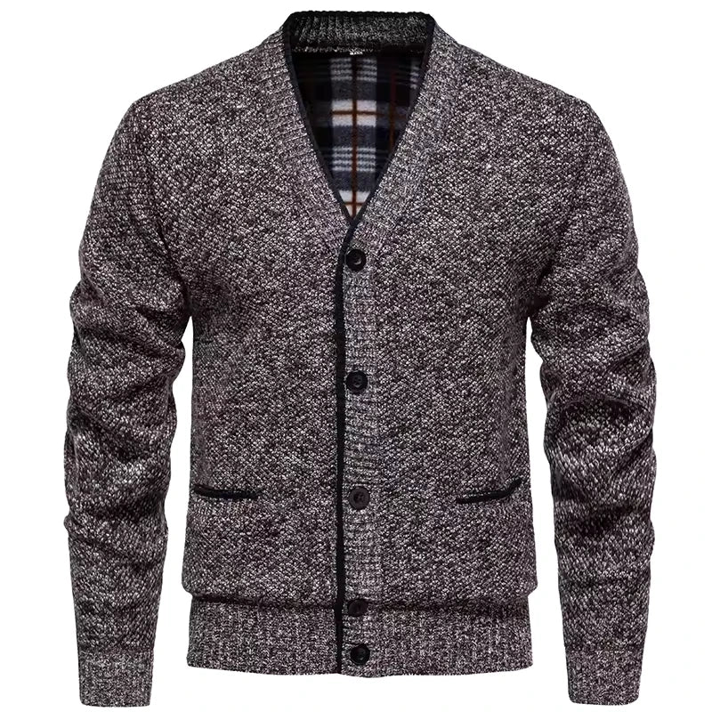 Men's V-Neck Knit Cardigan with Contrast Trim and Check Lining