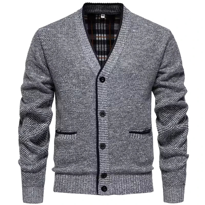 Men's V-Neck Knit Cardigan with Contrast Trim and Check Lining