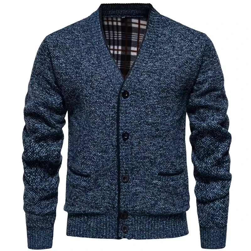 Men's V-Neck Knit Cardigan with Contrast Trim and Check Lining
