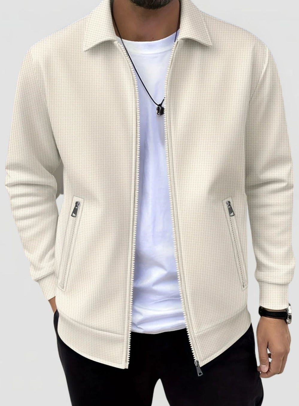 Men's Waffle Texture Jacket with Collar and Zip Closure
