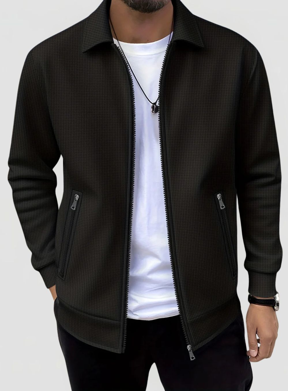 Men's Waffle Texture Jacket with Collar and Zip Closure