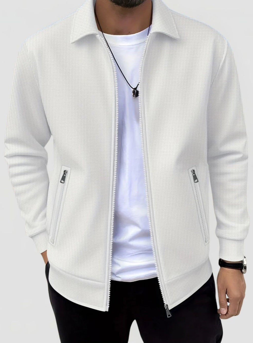 Men's Waffle Texture Jacket with Collar and Zip Closure
