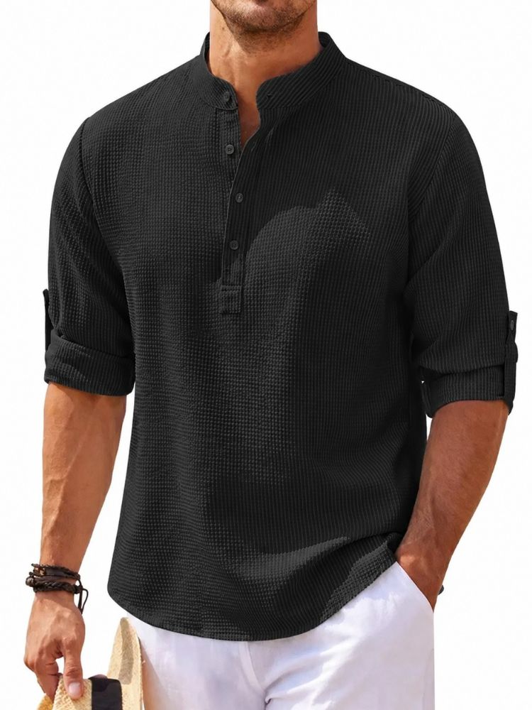 Men's Waffle Textured Linen Mix Shirt with Henley Collar
