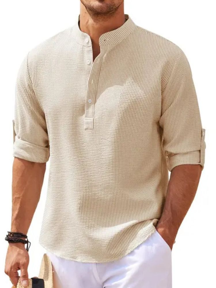 Men's Waffle Textured Linen Mix Shirt with Henley Collar