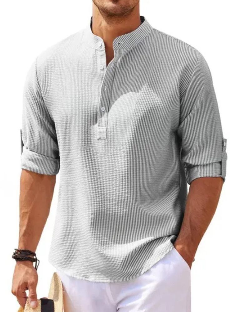 Men's Waffle Textured Linen Mix Shirt with Henley Collar
