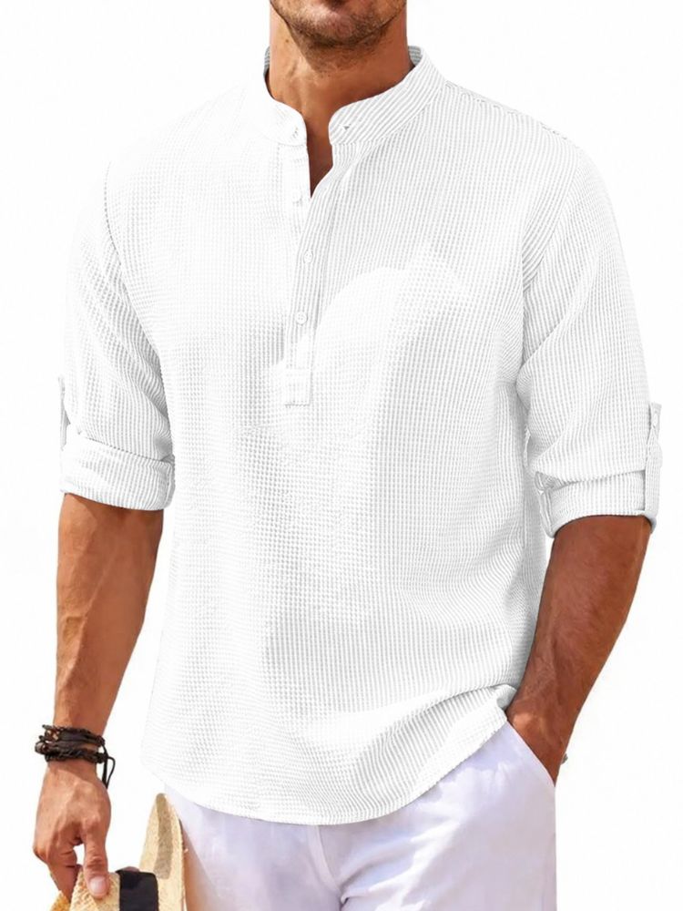 Men's Waffle Textured Linen Mix Shirt with Henley Collar