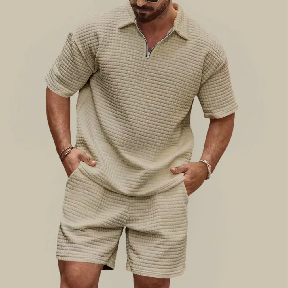 Men's Waffle Textured Summer Set with Polo Shirt and Shorts