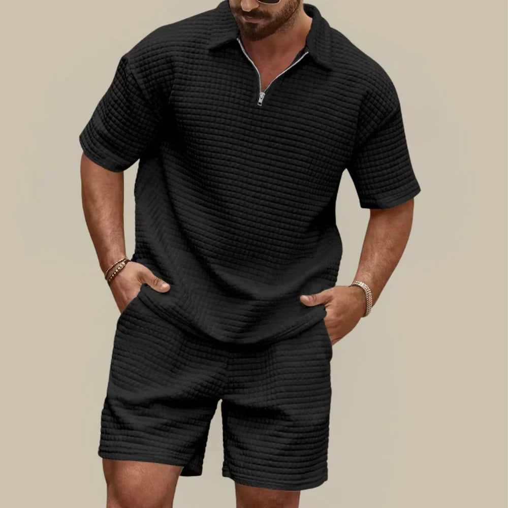 Men's Waffle Textured Summer Set with Polo Shirt and Shorts