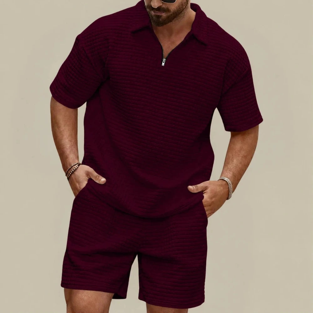 Men's Waffle Textured Summer Set with Polo Shirt and Shorts