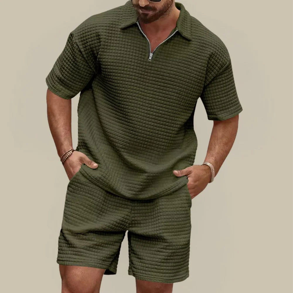Men's Waffle Textured Summer Set with Polo Shirt and Shorts