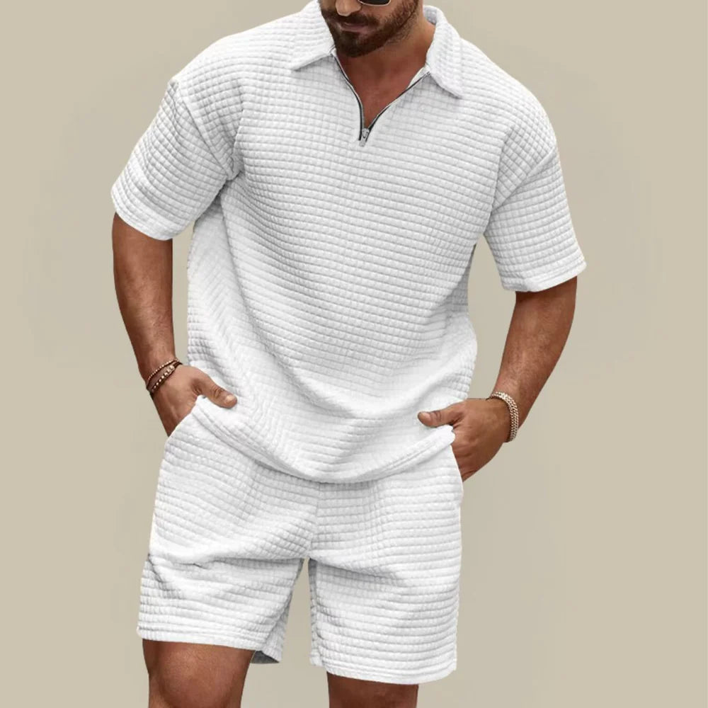 Men's Waffle Textured Summer Set with Polo Shirt and Shorts