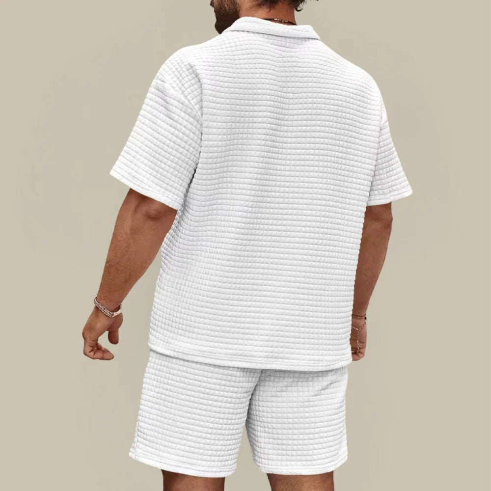 Men's Waffle Textured Summer Set with Polo Shirt and Shorts