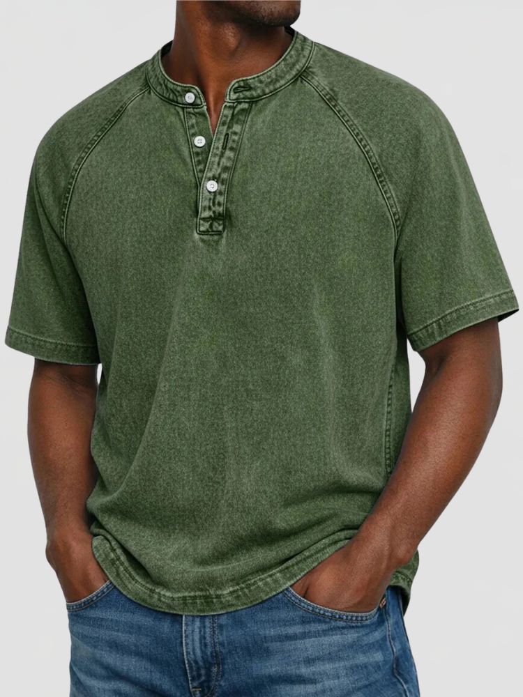 Men's Washed Henley T-Shirt with Short Raglan Sleeves