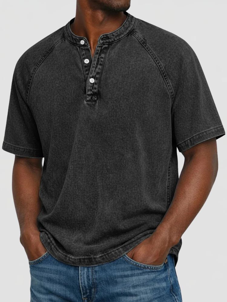 Men's Washed Henley T-Shirt with Short Raglan Sleeves