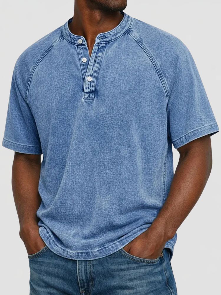 Men's Washed Henley T-Shirt with Short Raglan Sleeves
