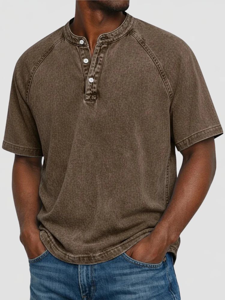Men's Washed Henley T-Shirt with Short Raglan Sleeves