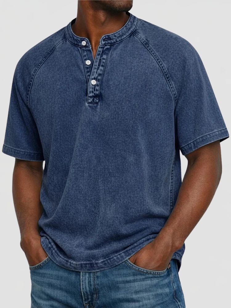 Men's Washed Henley T-Shirt with Short Raglan Sleeves
