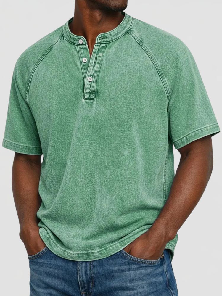 Men's Washed Henley T-Shirt with Short Raglan Sleeves