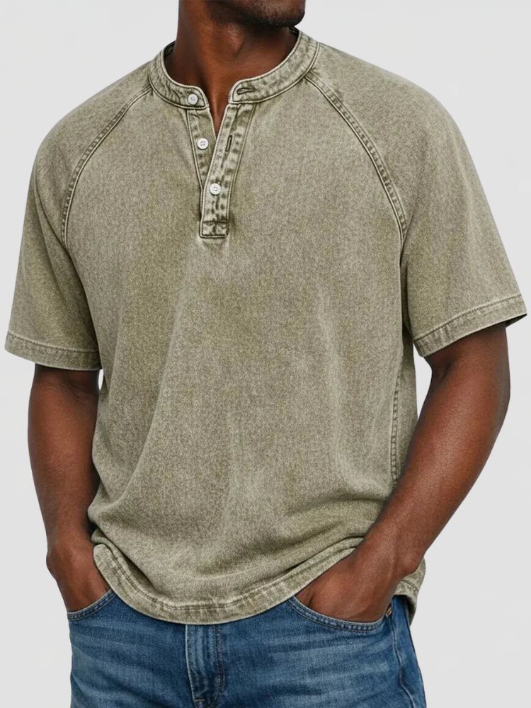 Men's Washed Henley T-Shirt with Short Raglan Sleeves