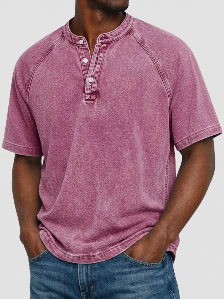Men's Washed Henley T-Shirt with Short Raglan Sleeves