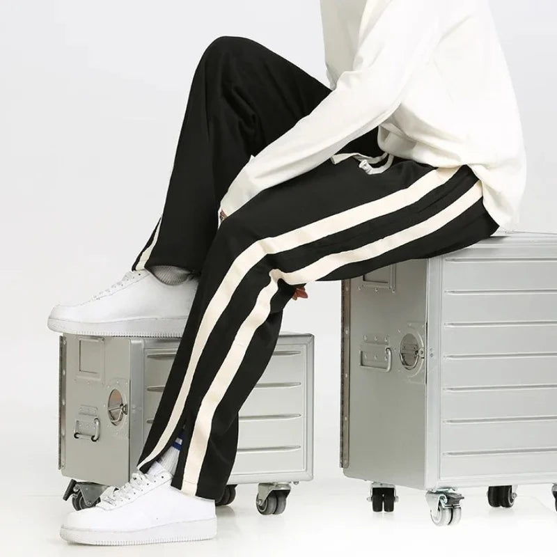 Men's Wide Leg Joggers with Side Stripes and Drawstring Waist
