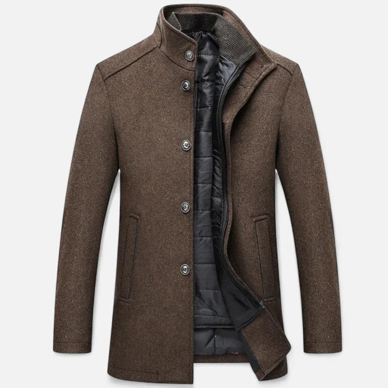 Men's Wool Mix Coat with Stand Collar and Inner Vest Panel