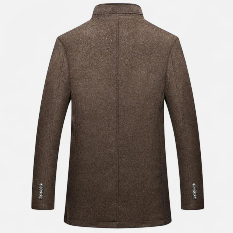 Men's Wool Mix Coat with Stand Collar and Inner Vest Panel