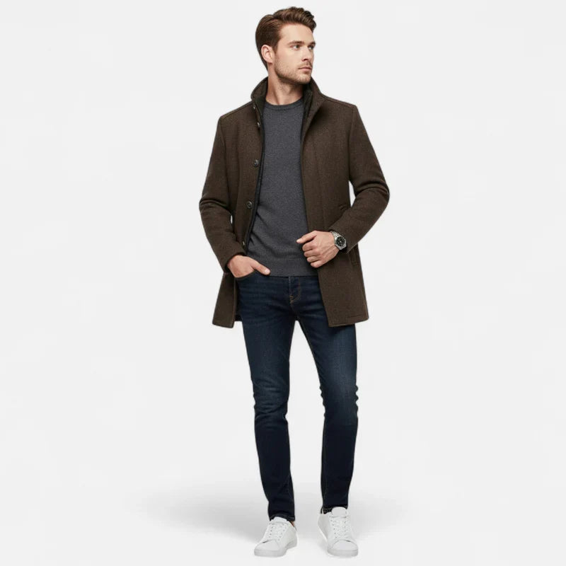 Men's Wool Mix Coat with Stand Collar and Inner Vest Panel