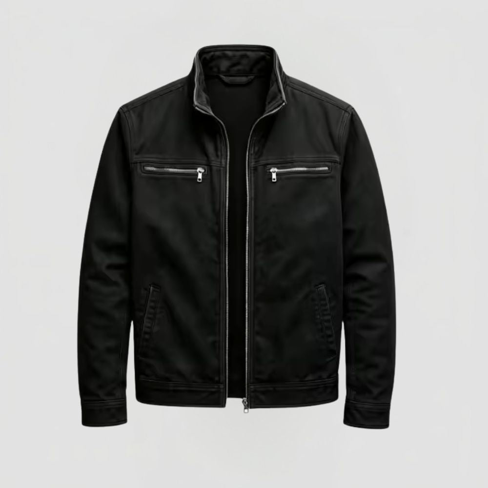 Men's Zip Closure Jacket with Stand Collar and Chest Pockets
