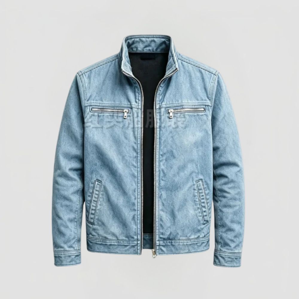 Men's Zip Closure Jacket with Stand Collar and Chest Pockets