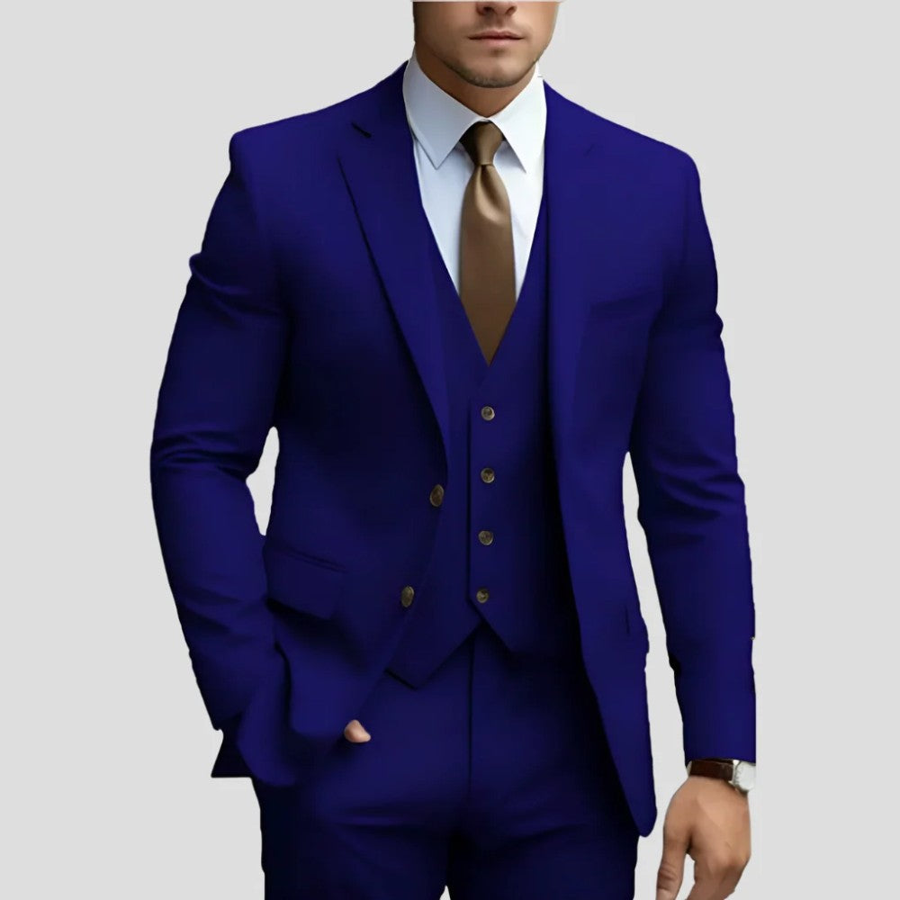 Men's 3-Piece Slim Fit Suit with Waistcoat and Flat-Front Trousers