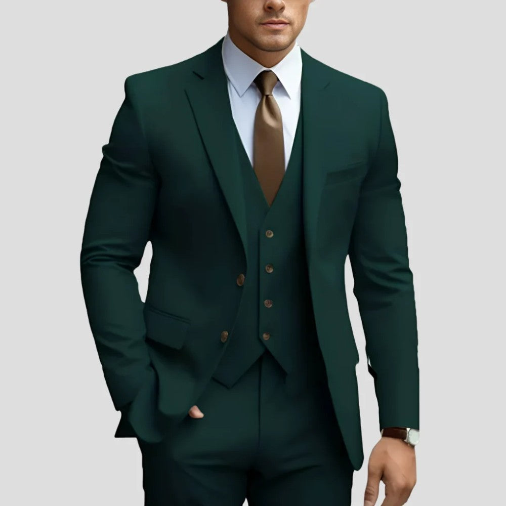 Men's 3-Piece Slim Fit Suit with Waistcoat and Flat-Front Trousers