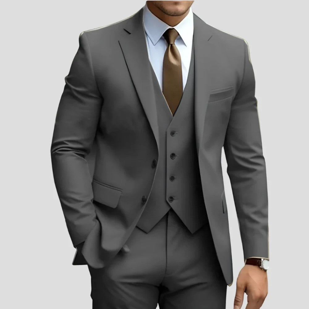 Men's 3-Piece Slim Fit Suit with Waistcoat and Flat-Front Trousers