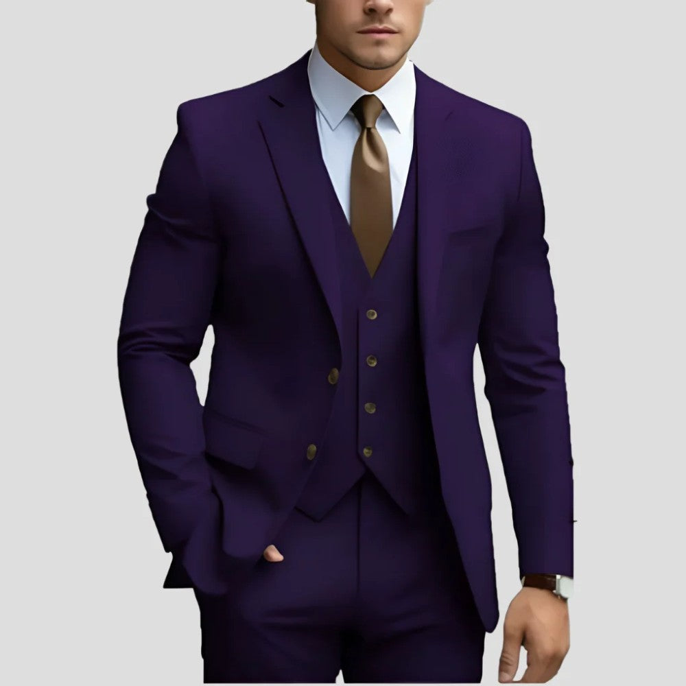 Men's 3-Piece Slim Fit Suit with Waistcoat and Flat-Front Trousers